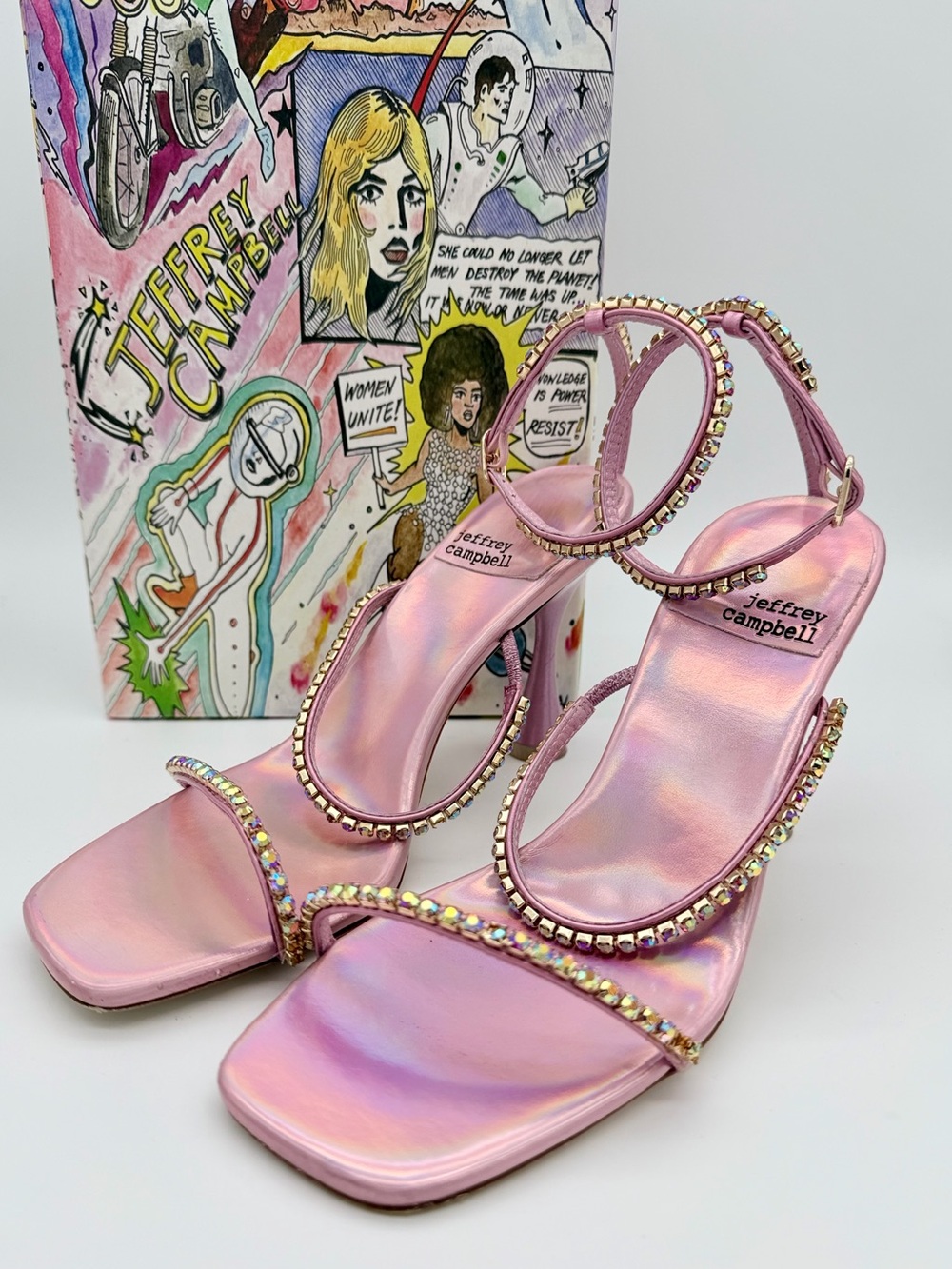 Jeffrey Campbell “Demonica” Pink Iridescent Rhinestone Strappy Heels – Size 6